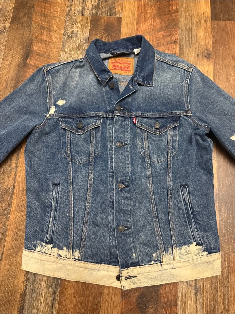 Levi’s Original Trucker Jacket Medium Blue Bleach Splatter Distressed Denim - Picture 4 of 8